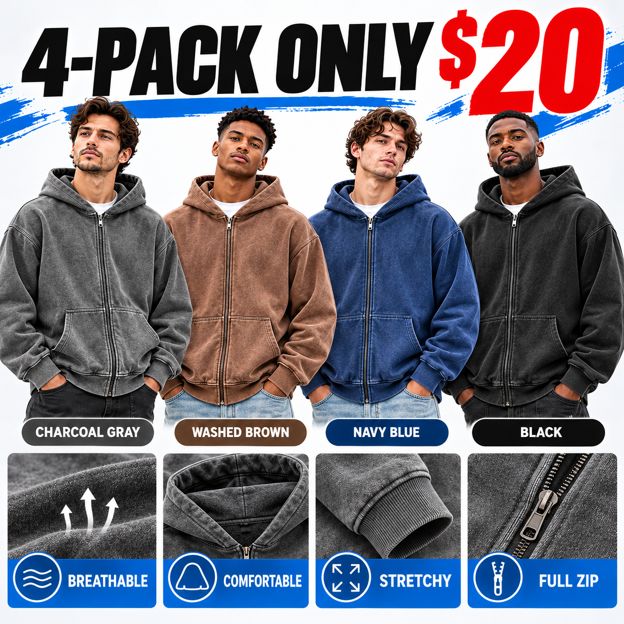 Men's Retro Washed Full Zip Hoodie – Cotton Fleece Lined Boxy Fit Sweatshirt with Kangaroo Pocket