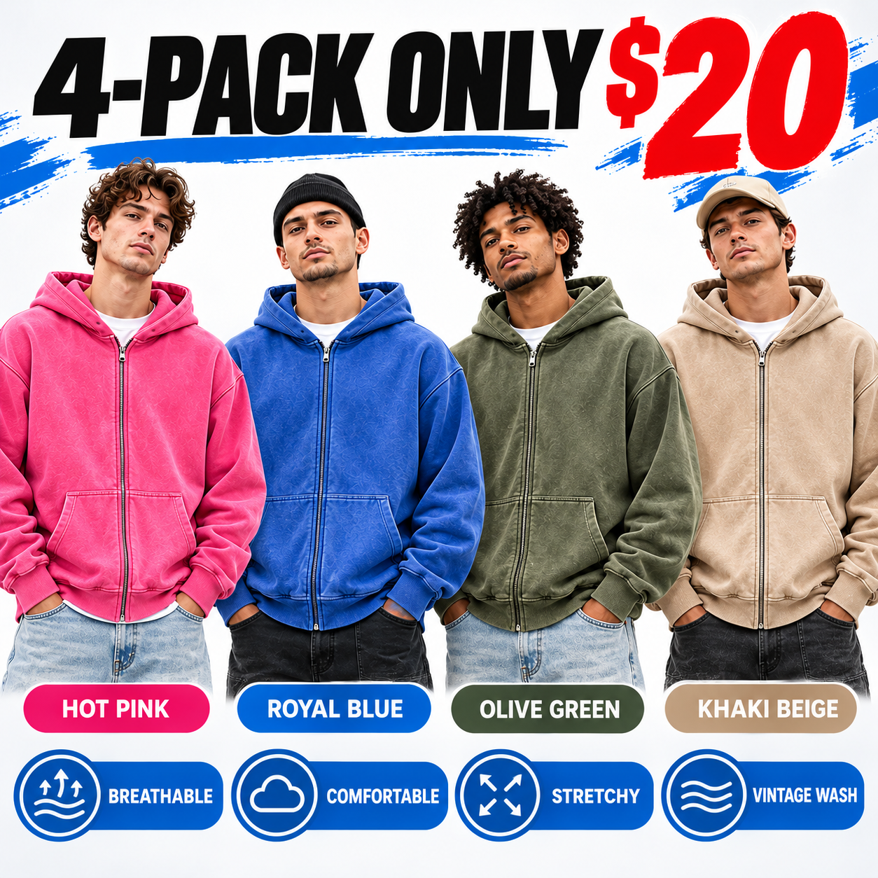 Men's Retro Washed Full Zip Hoodie – Cotton Fleece Lined Boxy Fit Sweatshirt with Kangaroo Pocket