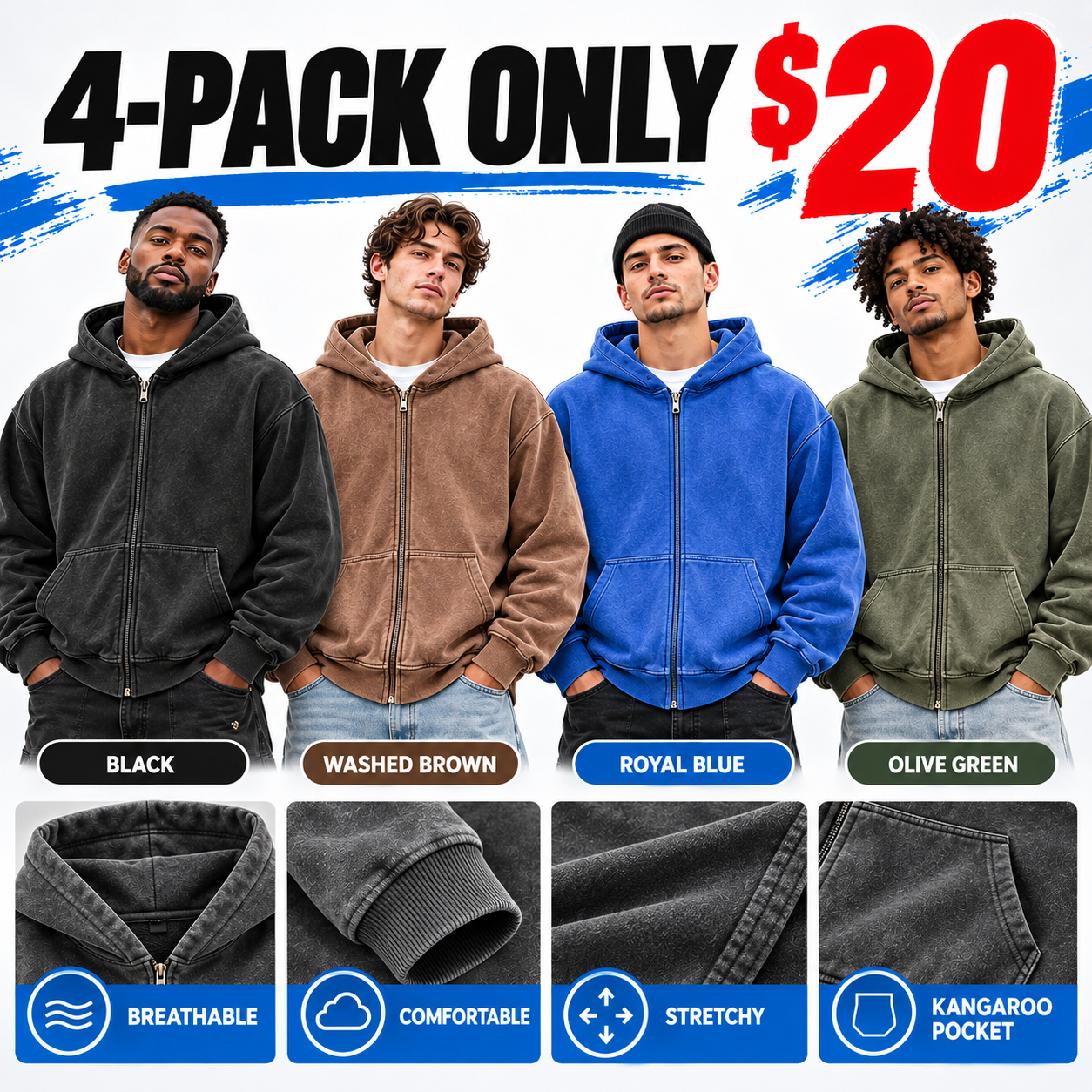 Men's Retro Washed Full Zip Hoodie – Cotton Fleece Lined Boxy Fit Sweatshirt with Kangaroo Pocket