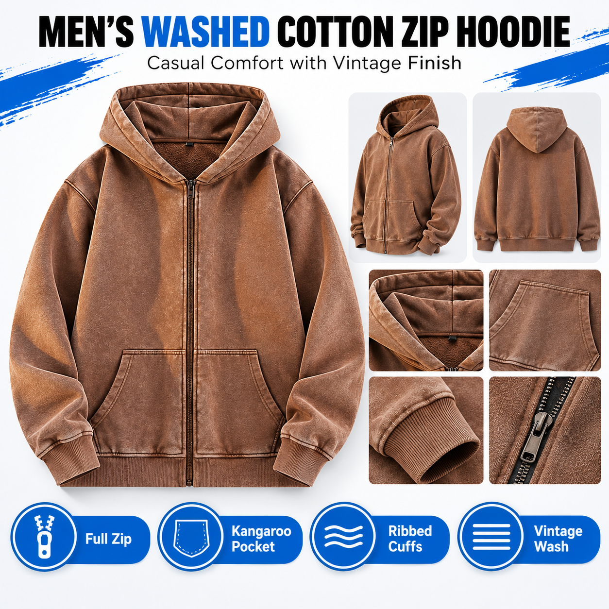 Men's Retro Washed Full Zip Hoodie – Cotton Fleece Lined Boxy Fit Sweatshirt with Kangaroo Pocket
