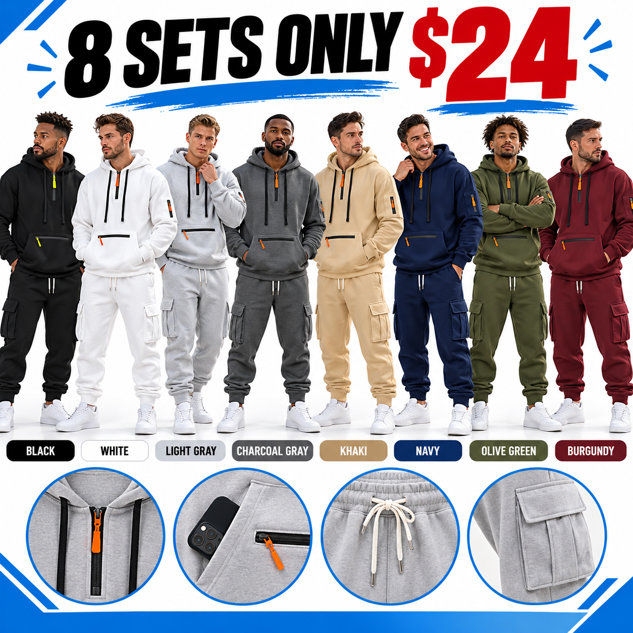 Men's Heavyweight Fleece Lined Casual Set – Loose Fit Multi-Pocket Workwear Suit