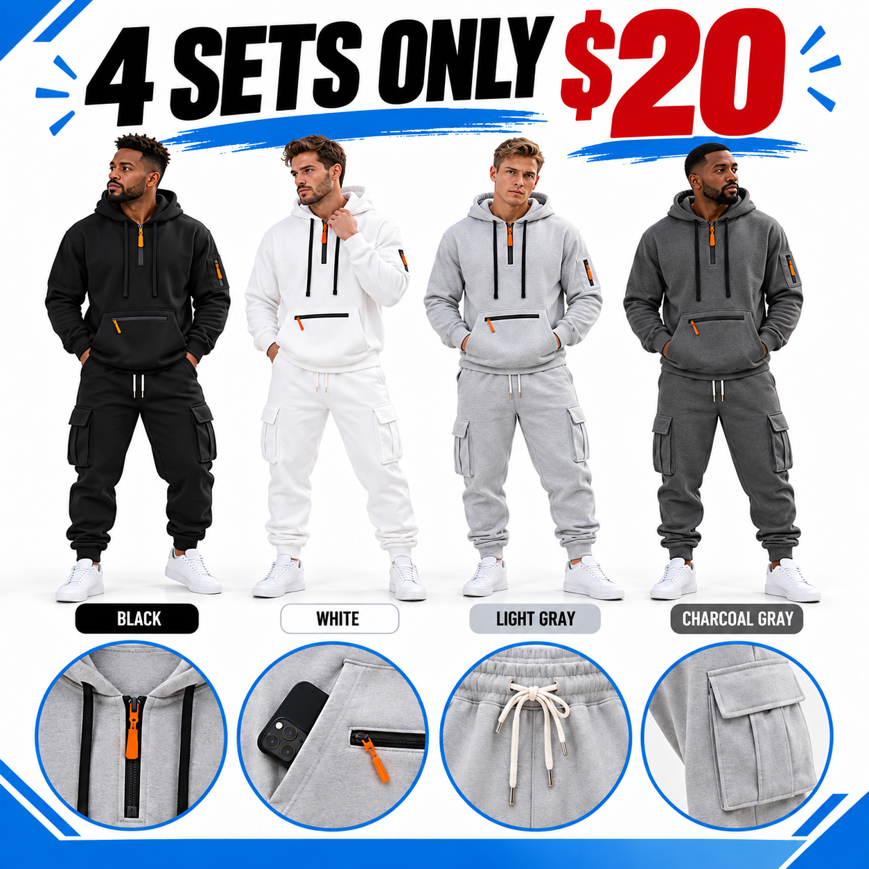 Men's Heavyweight Fleece Lined Casual Set – Loose Fit Multi-Pocket Workwear Suit