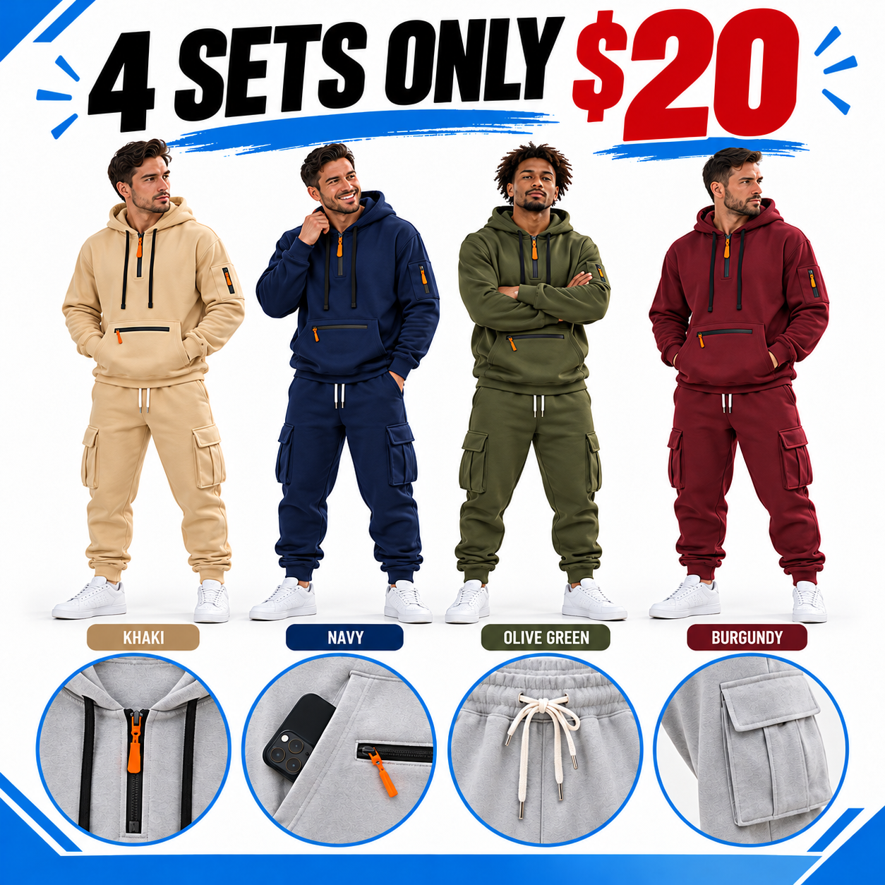 Men's Heavyweight Fleece Lined Casual Set – Loose Fit Multi-Pocket Workwear Suit