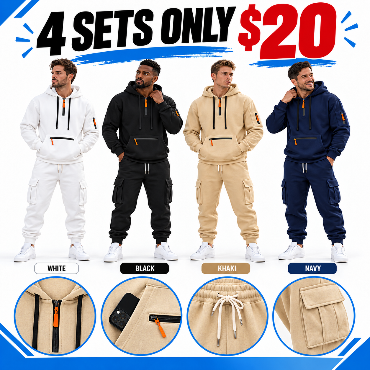 Men's Heavyweight Fleece Lined Casual Set – Loose Fit Multi-Pocket Workwear Suit