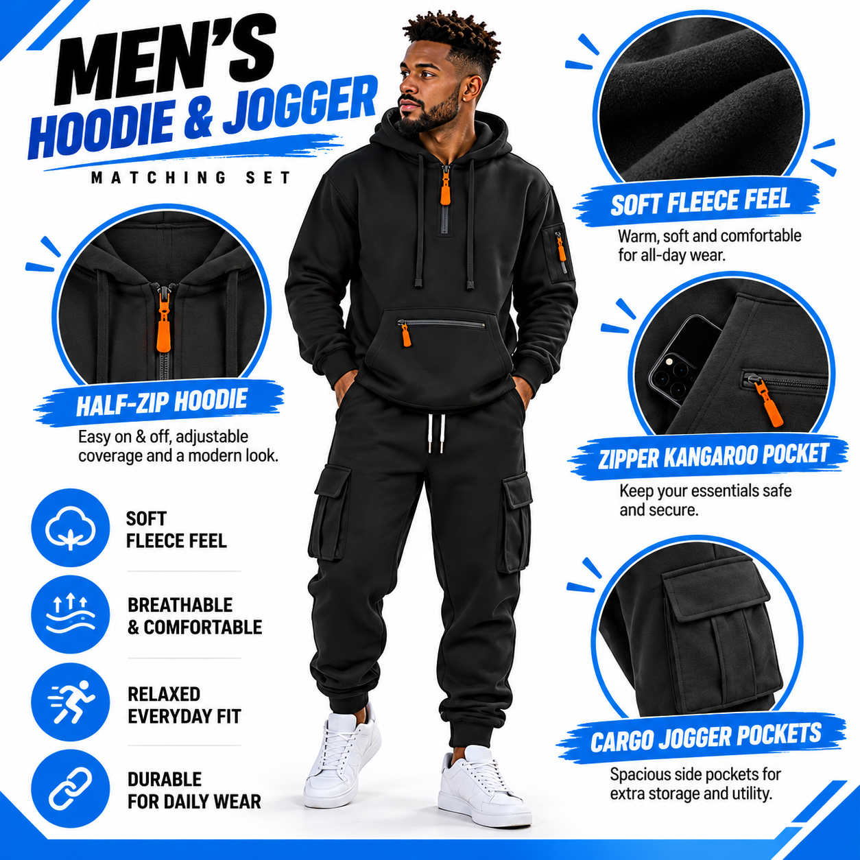 Men's Heavyweight Fleece Lined Casual Set – Loose Fit Multi-Pocket Workwear Suit