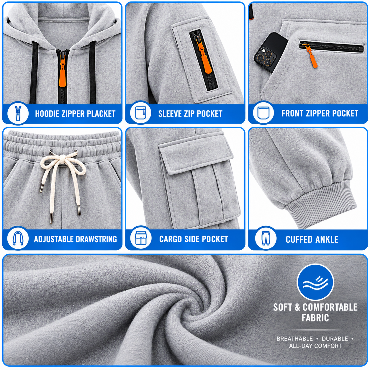Men's Heavyweight Fleece Lined Casual Set – Loose Fit Multi-Pocket Workwear Suit