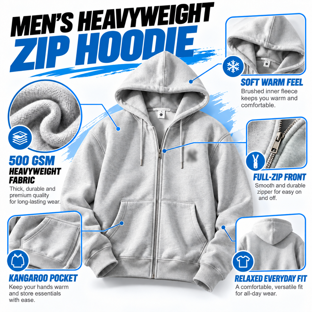 Men's 500 GSM Heavyweight Zip-Up Hoodie – Thick Fleece Lined Relaxed Fit Hooded Sweatshirt