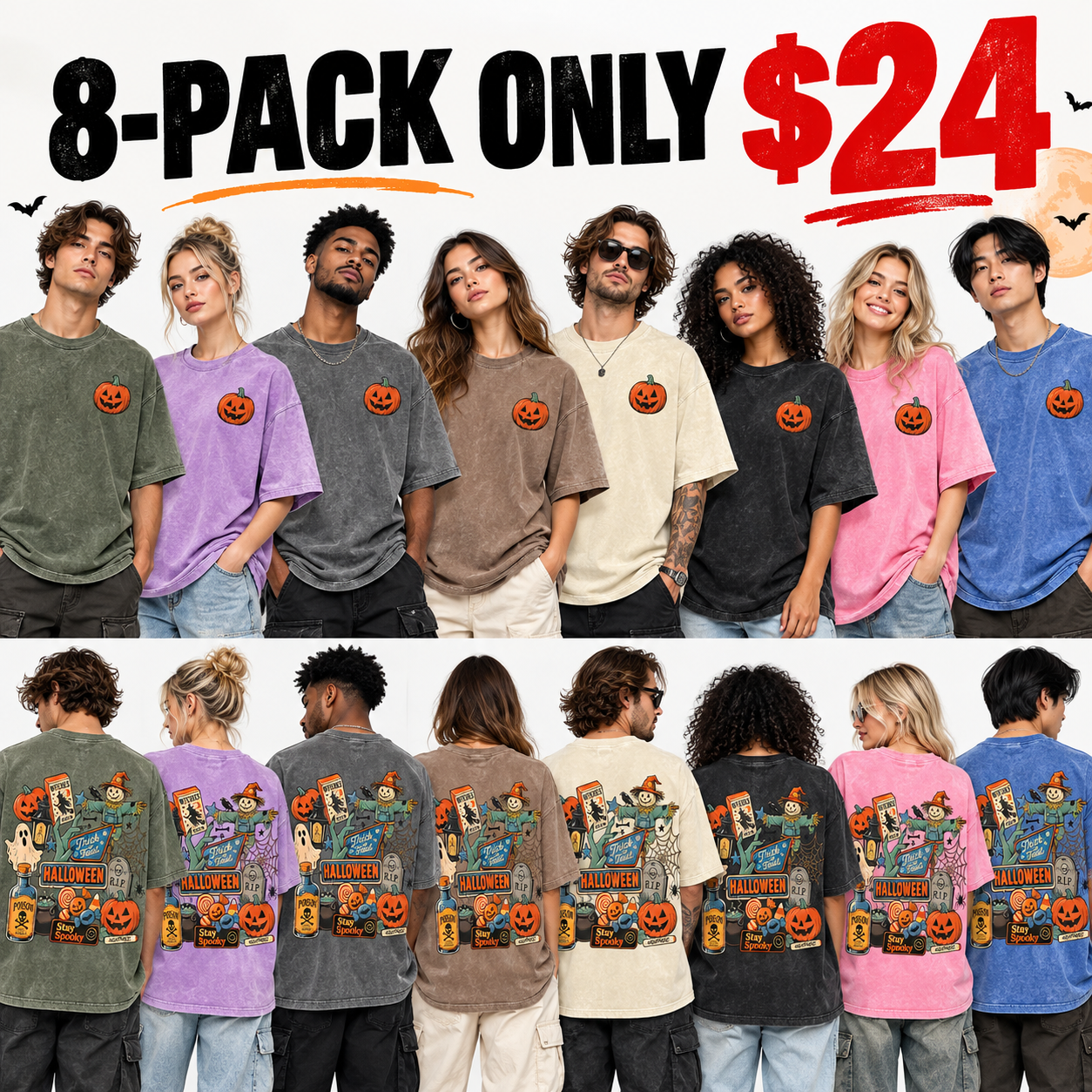 Unisex Oversized Washed Halloween Graphic T-Shirt – Vintage Pumpkin Print Short-Sleeve Tee