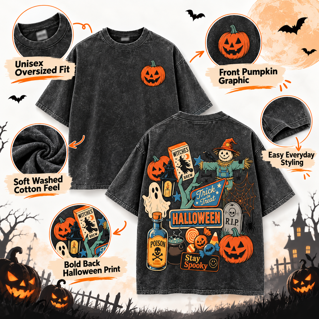 Unisex Oversized Washed Halloween Graphic T-Shirt – Vintage Pumpkin Print Short-Sleeve Tee