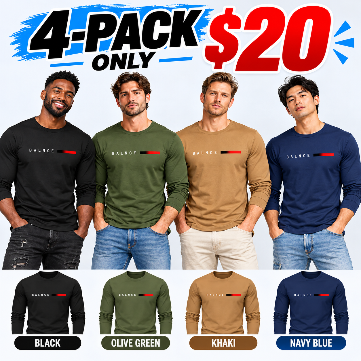 Men's Crew Neck Long Sleeve Tees – Soft Fitted Athletic Tops for Gym & Daily Wear