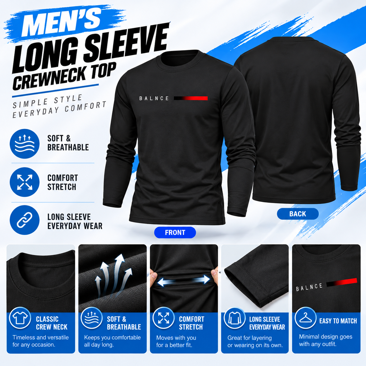 Men's Crew Neck Long Sleeve Tees – Soft Fitted Athletic Tops for Gym & Daily Wear