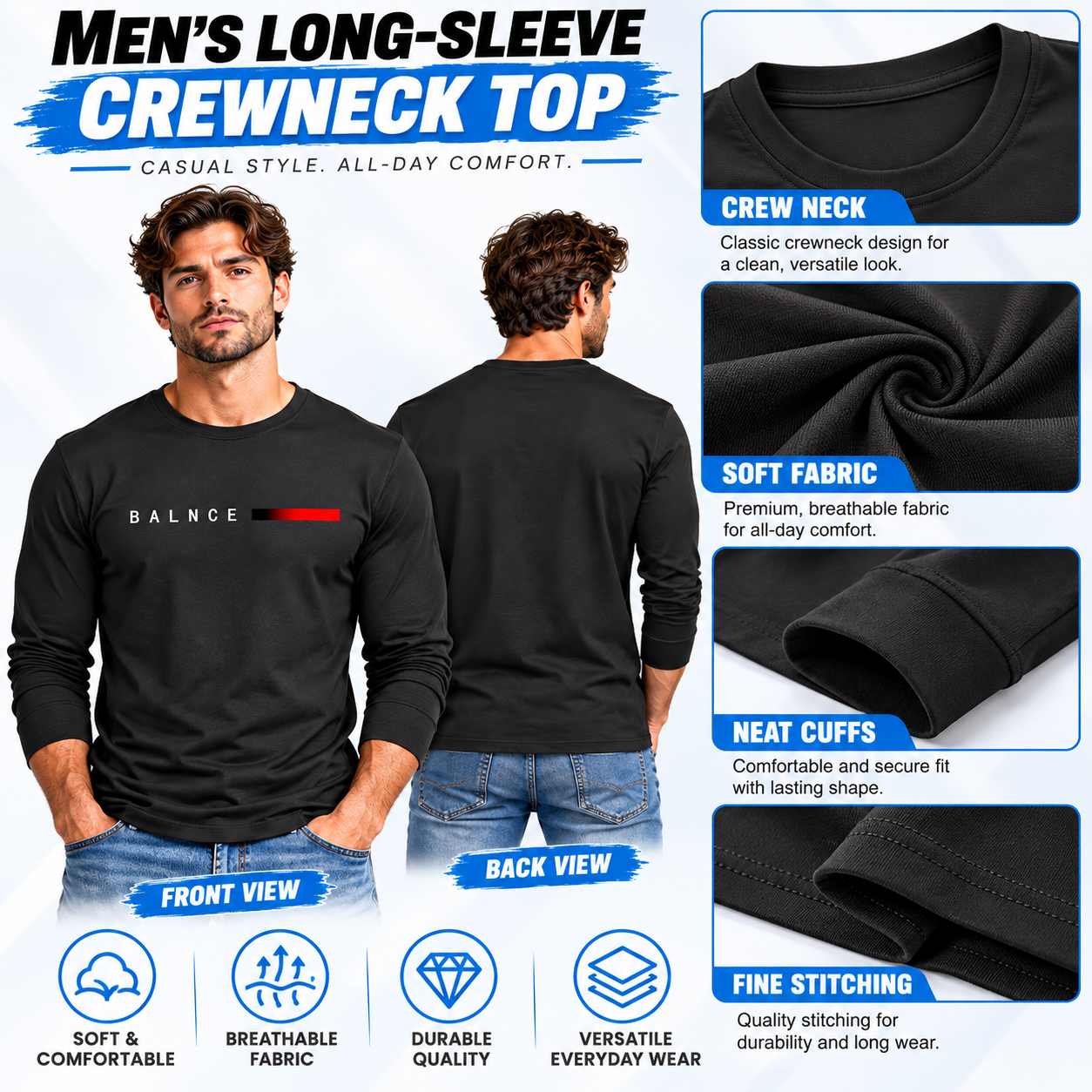Men's Crew Neck Long Sleeve Tees – Soft Fitted Athletic Tops for Gym & Daily Wear