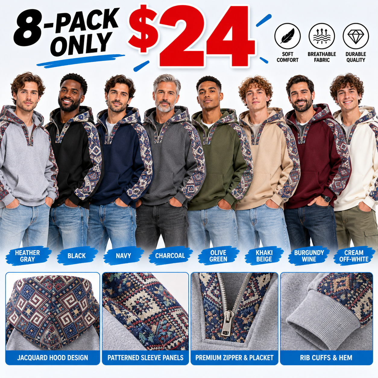 Men’s Jacquard Quarter-Zip Hoodie – Soft Fleece Ethnic Pattern Casual Pullover