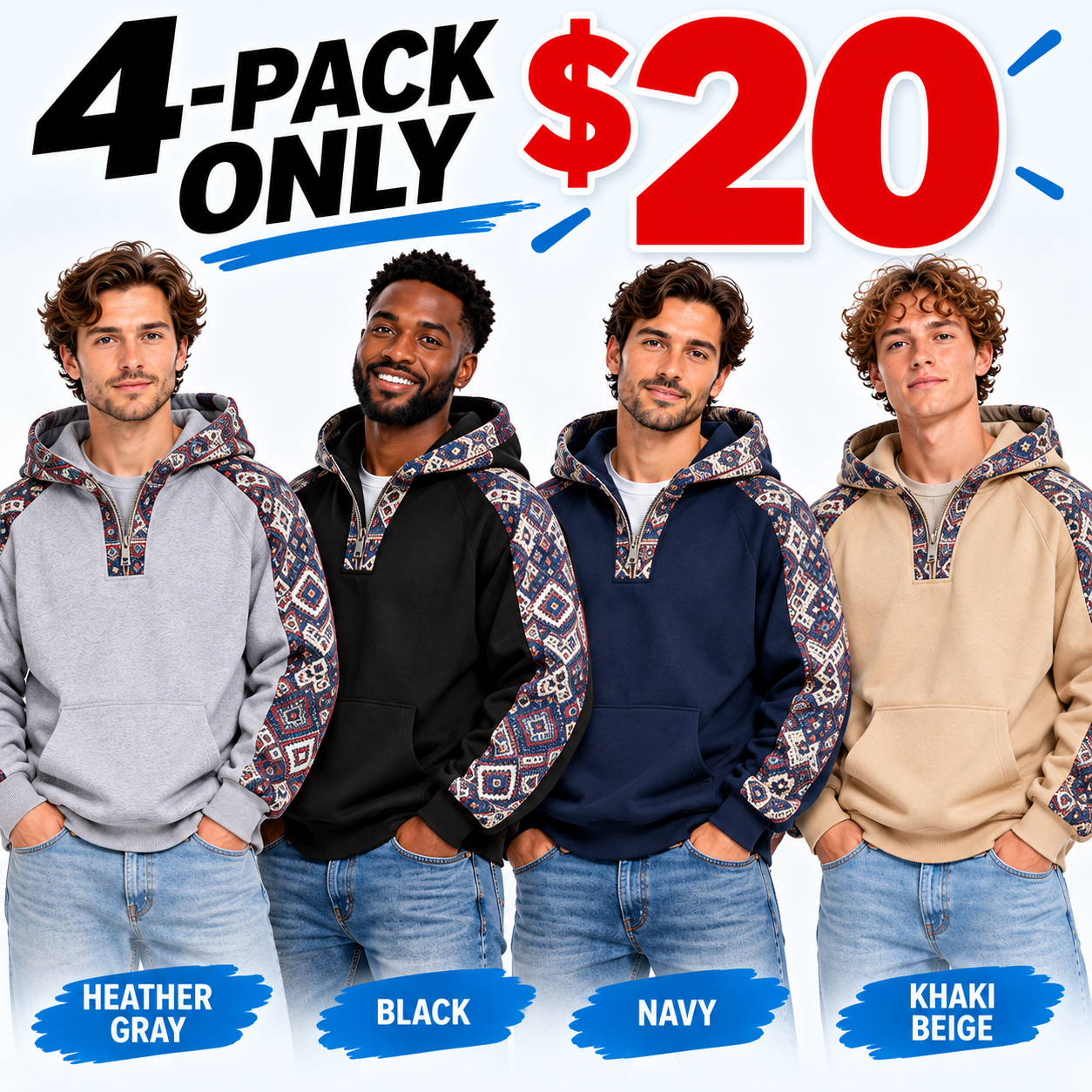 Men’s Jacquard Quarter-Zip Hoodie – Soft Fleece Ethnic Pattern Casual Pullover