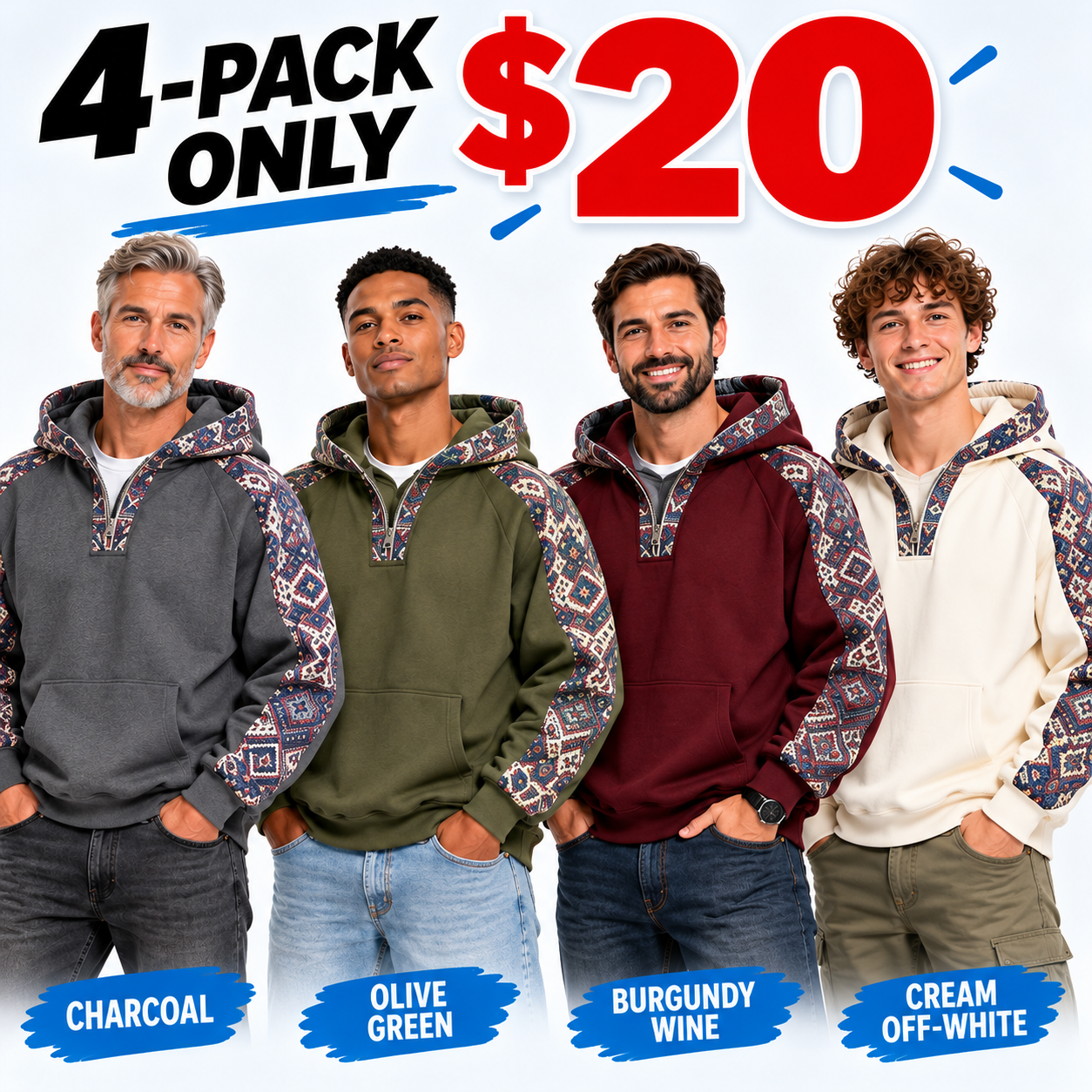 Men’s Jacquard Quarter-Zip Hoodie – Soft Fleece Ethnic Pattern Casual Pullover