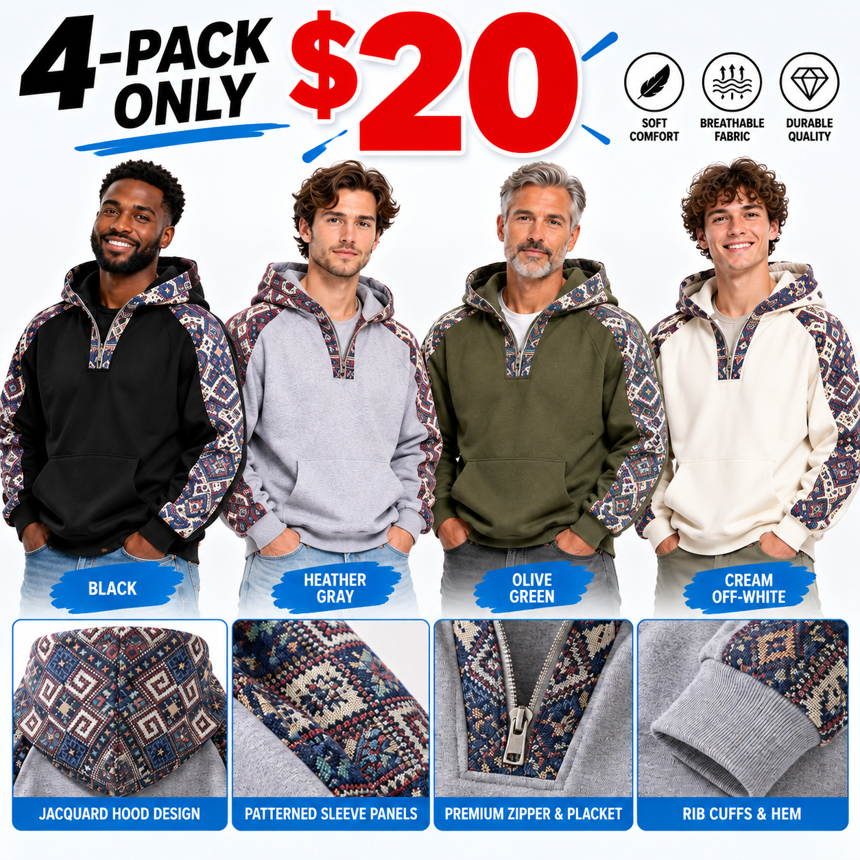 Men’s Jacquard Quarter-Zip Hoodie – Soft Fleece Ethnic Pattern Casual Pullover