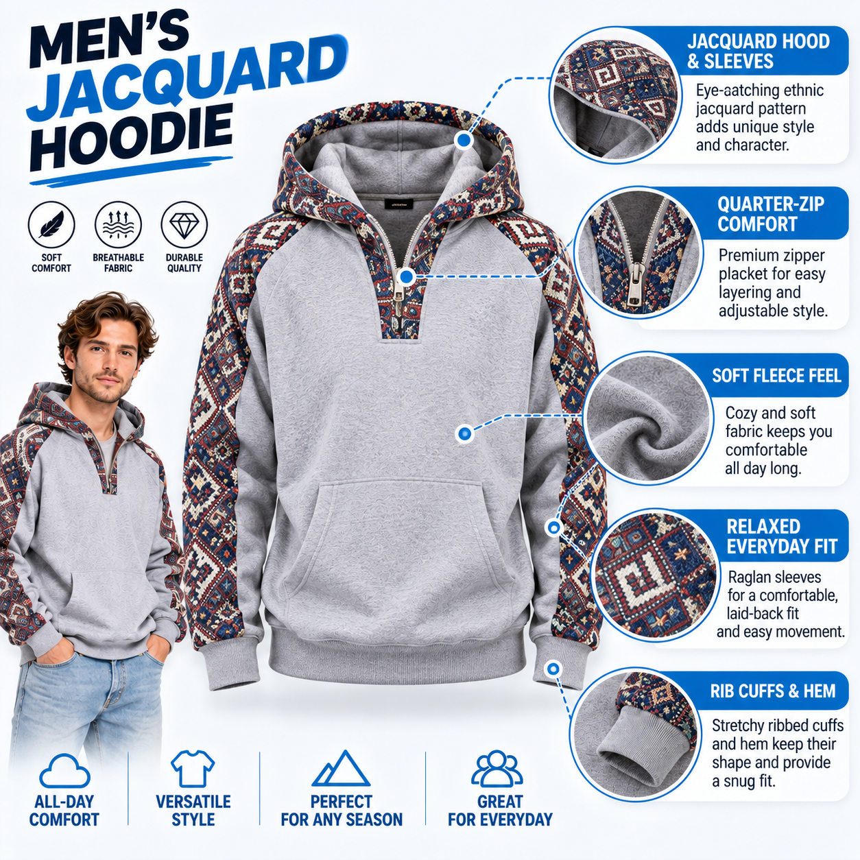 Men’s Jacquard Quarter-Zip Hoodie – Soft Fleece Ethnic Pattern Casual Pullover