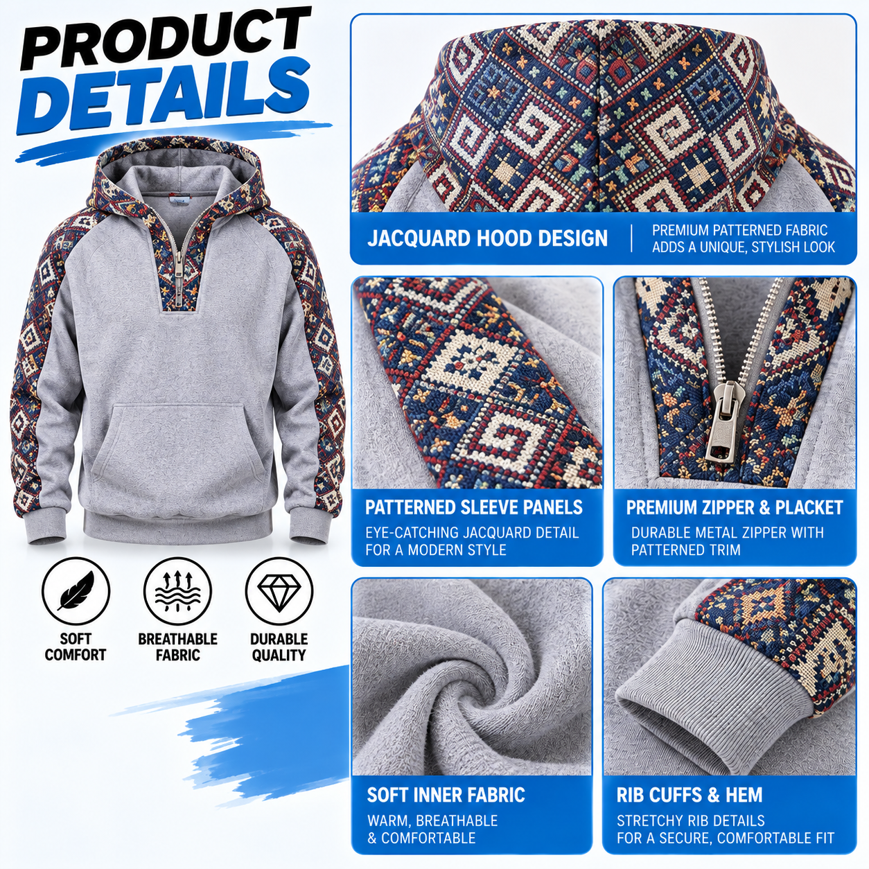 Men’s Jacquard Quarter-Zip Hoodie – Soft Fleece Ethnic Pattern Casual Pullover