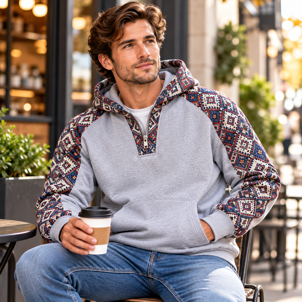 Men’s Jacquard Quarter-Zip Hoodie – Soft Fleece Ethnic Pattern Casual Pullover