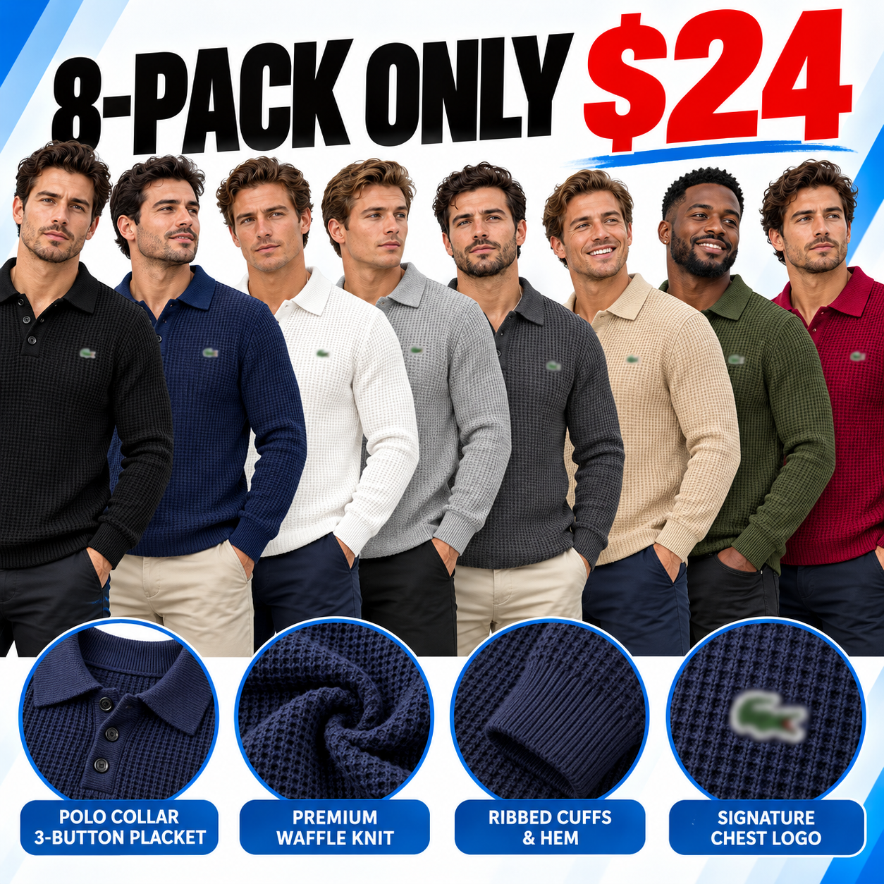 Men’s Waffle-Knit Polo Sweater – Soft Textured Long-Sleeve Pullover with 3-Button Collar