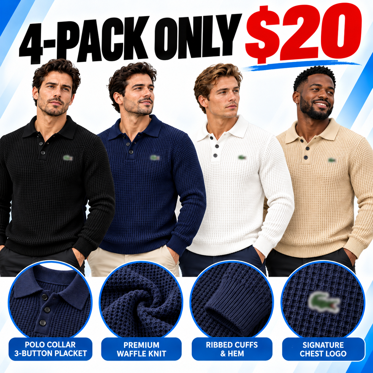 Men’s Waffle-Knit Polo Sweater – Soft Textured Long-Sleeve Pullover with 3-Button Collar