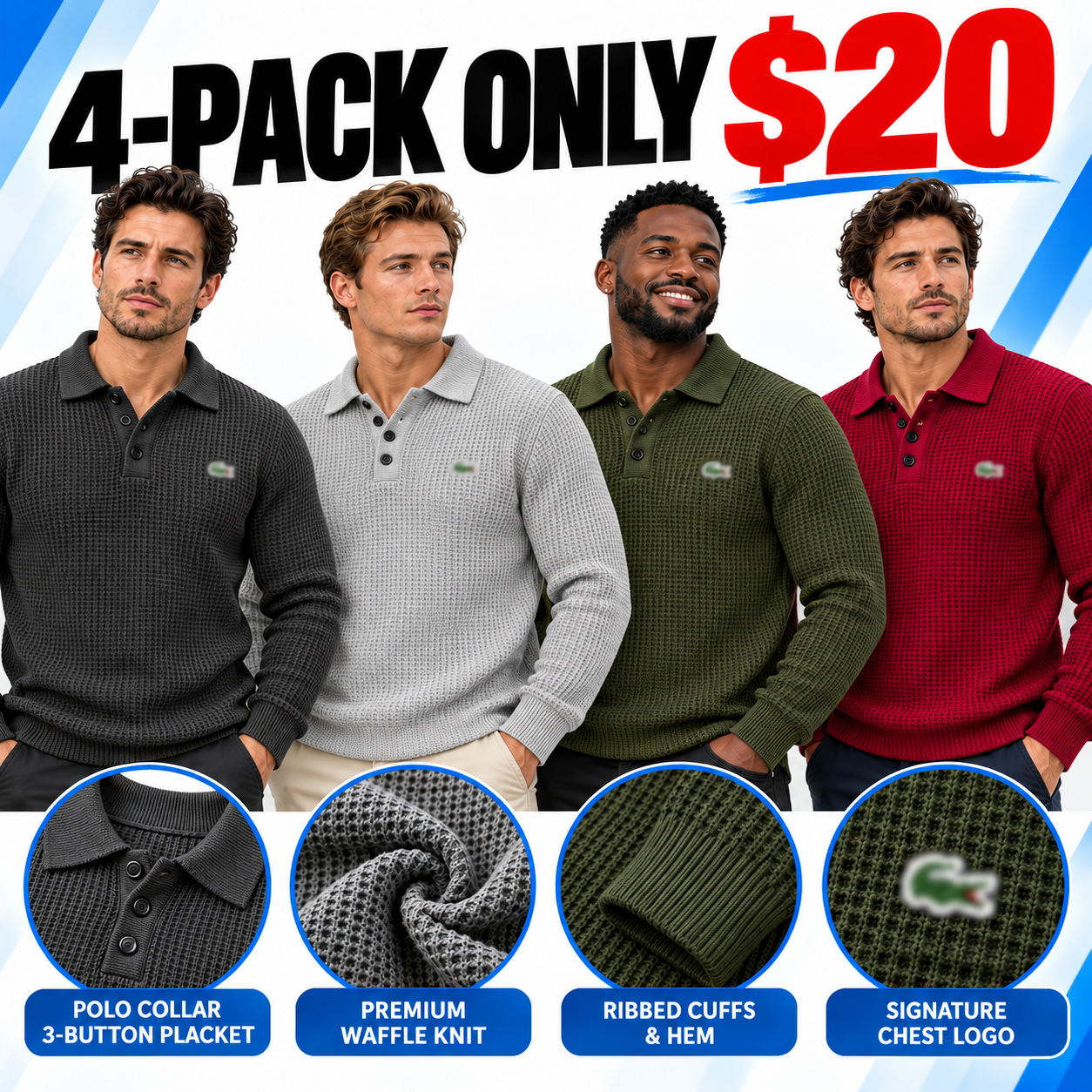 Men’s Waffle-Knit Polo Sweater – Soft Textured Long-Sleeve Pullover with 3-Button Collar