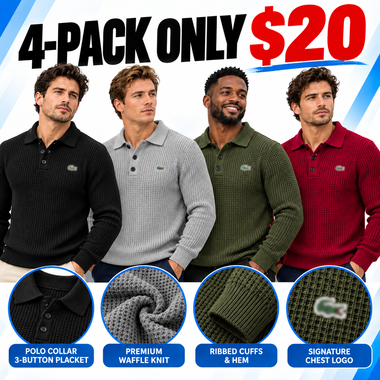 Men’s Waffle-Knit Polo Sweater – Soft Textured Long-Sleeve Pullover with 3-Button Collar