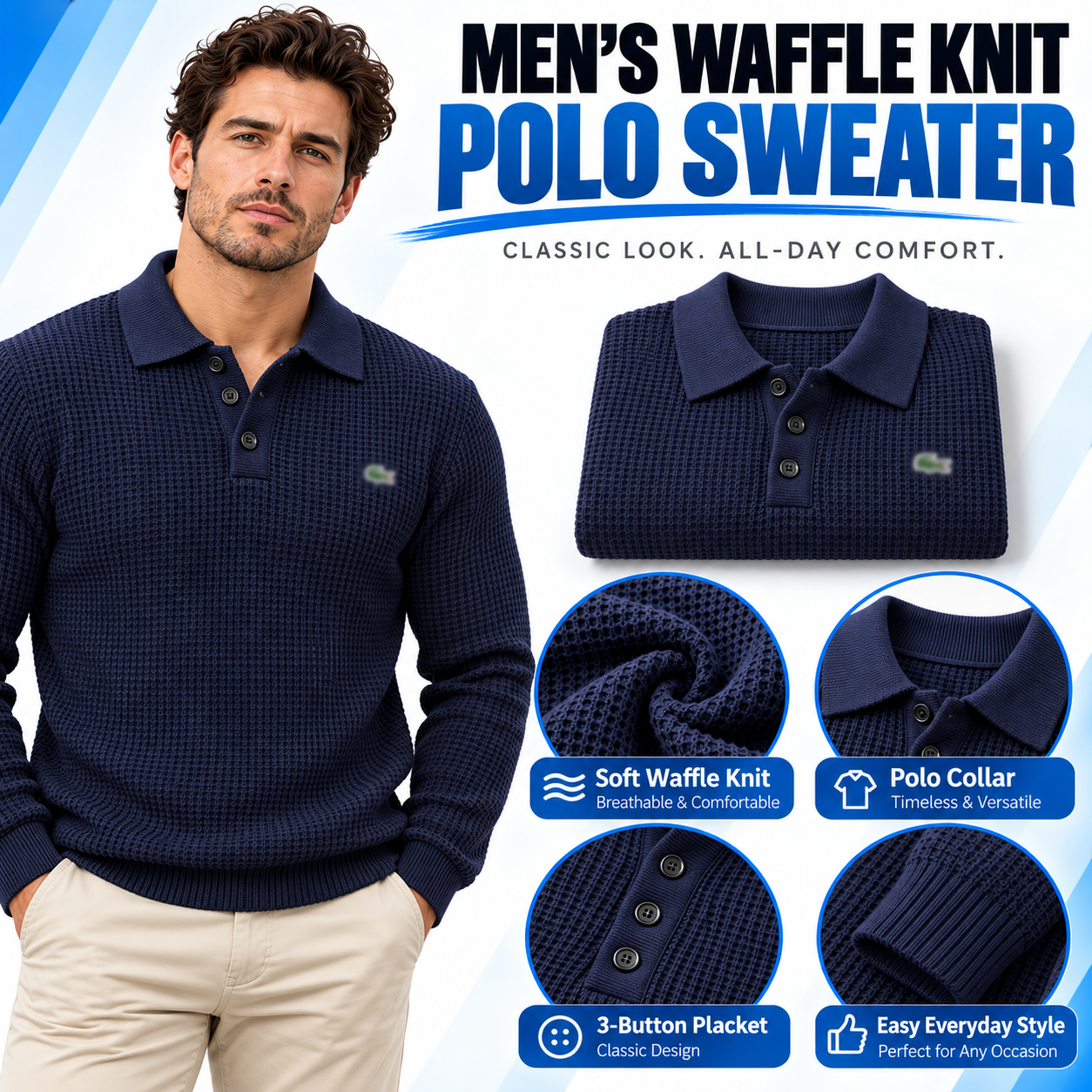 Men’s Waffle-Knit Polo Sweater – Soft Textured Long-Sleeve Pullover with 3-Button Collar