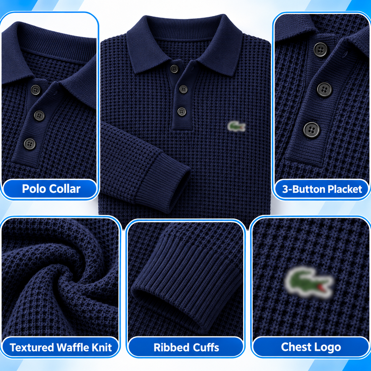Men’s Waffle-Knit Polo Sweater – Soft Textured Long-Sleeve Pullover with 3-Button Collar
