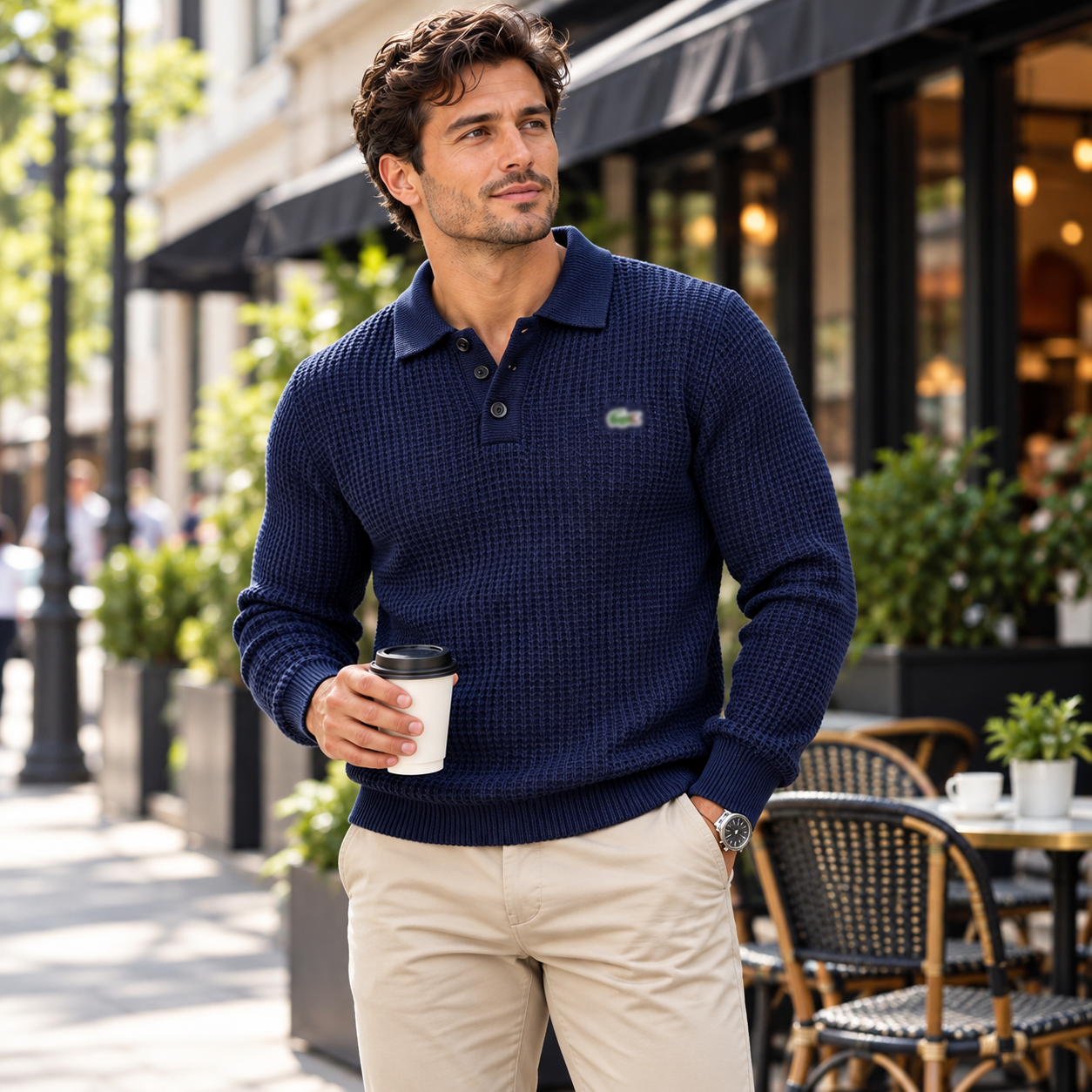 Men’s Waffle-Knit Polo Sweater – Soft Textured Long-Sleeve Pullover with 3-Button Collar