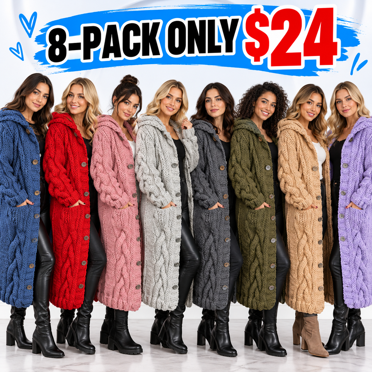 Women’s Chunky Cable-Knit Hooded Long Cardigan – Button-Front Cozy Sweater Coat with Pockets