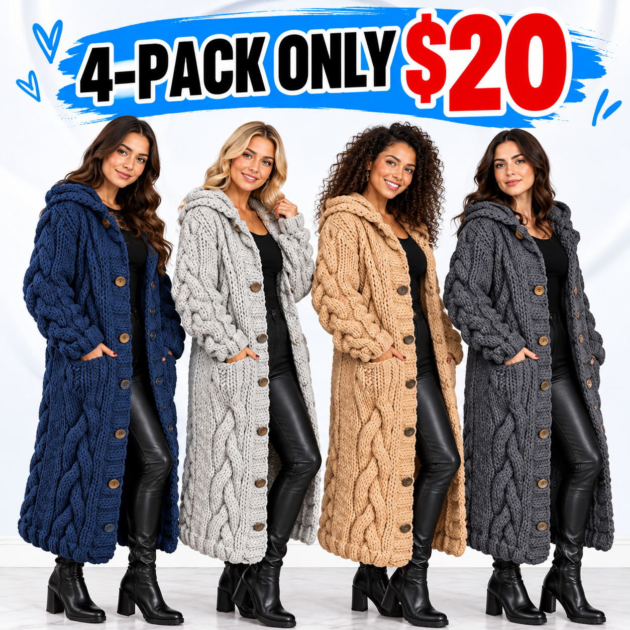 Women’s Chunky Cable-Knit Hooded Long Cardigan – Button-Front Cozy Sweater Coat with Pockets