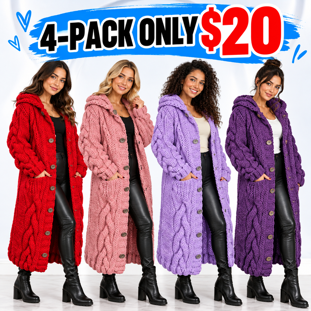 Women’s Chunky Cable-Knit Hooded Long Cardigan – Button-Front Cozy Sweater Coat with Pockets