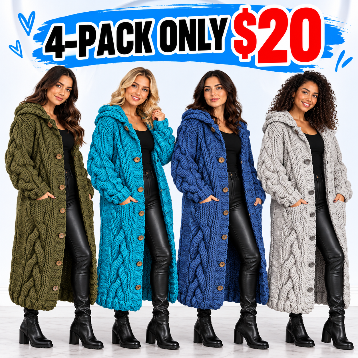 Women’s Chunky Cable-Knit Hooded Long Cardigan – Button-Front Cozy Sweater Coat with Pockets