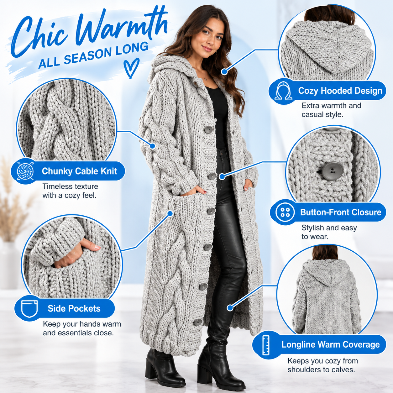 Women’s Chunky Cable-Knit Hooded Long Cardigan – Button-Front Cozy Sweater Coat with Pockets