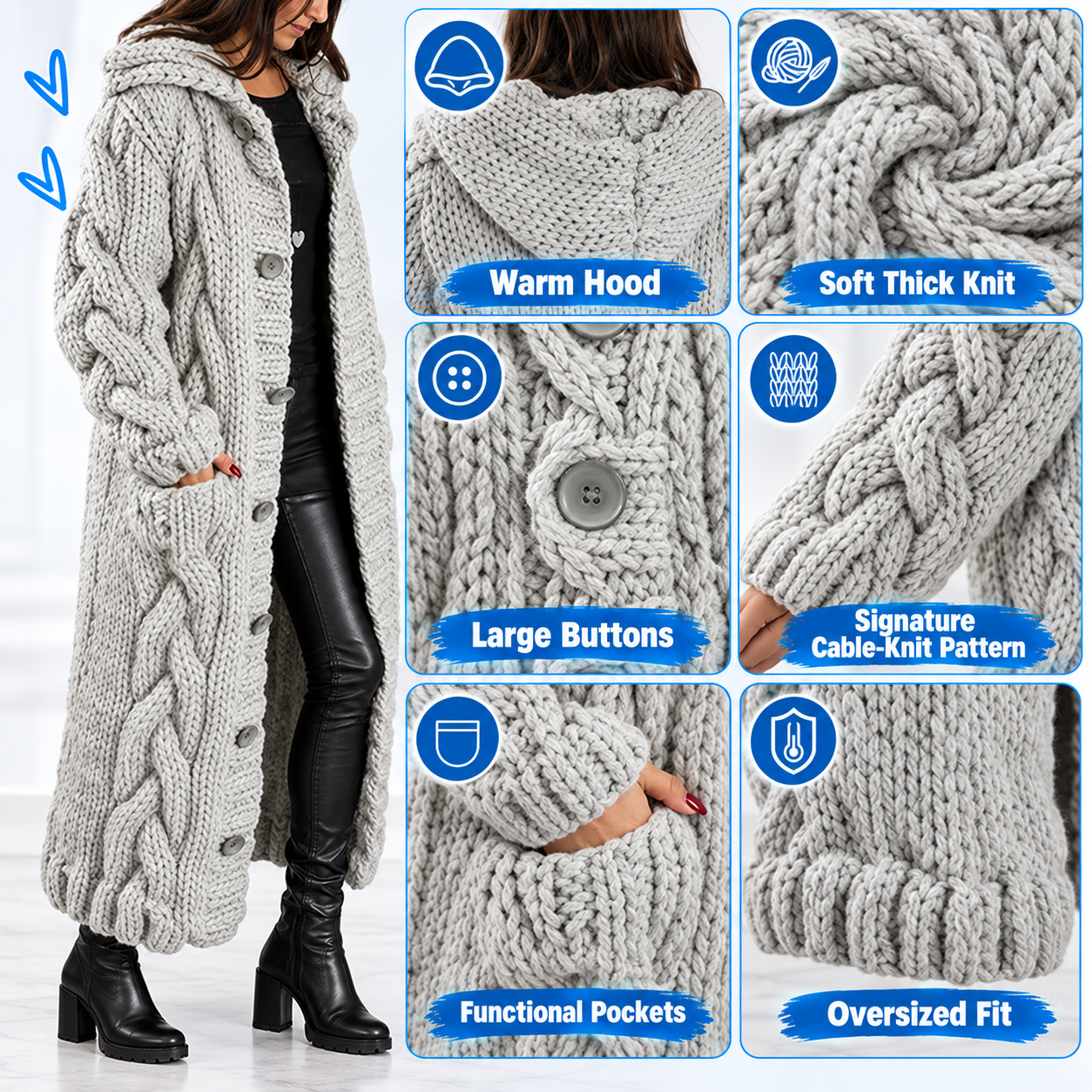 Women’s Chunky Cable-Knit Hooded Long Cardigan – Button-Front Cozy Sweater Coat with Pockets