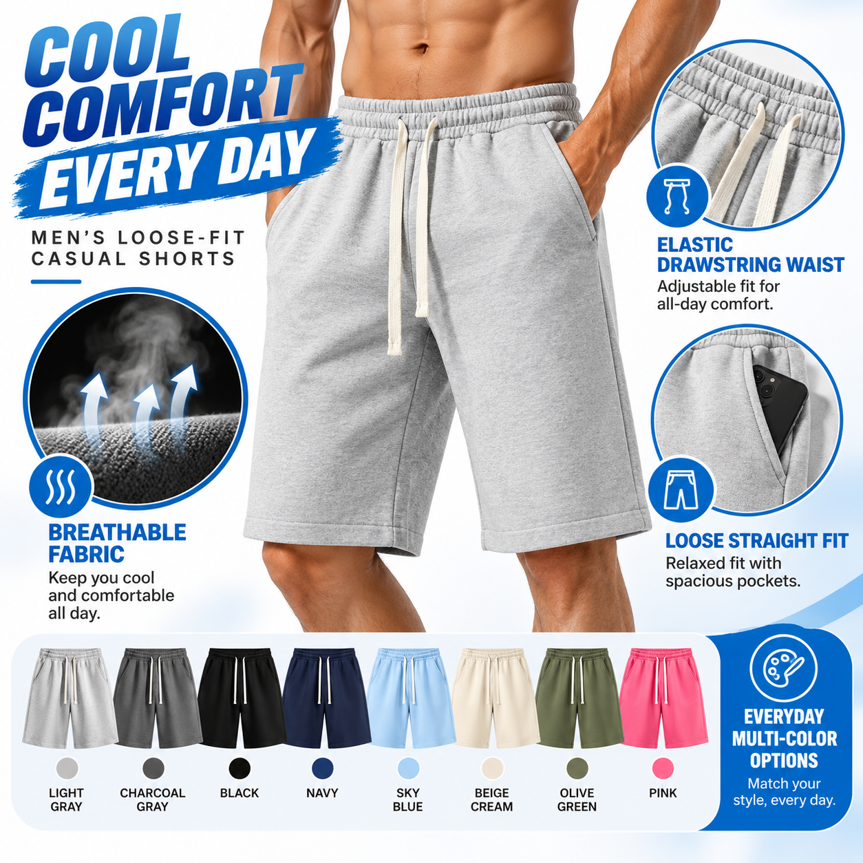 Men's Loose-Fit Casual Shorts – Elastic Drawstring Breathable Everyday Shorts