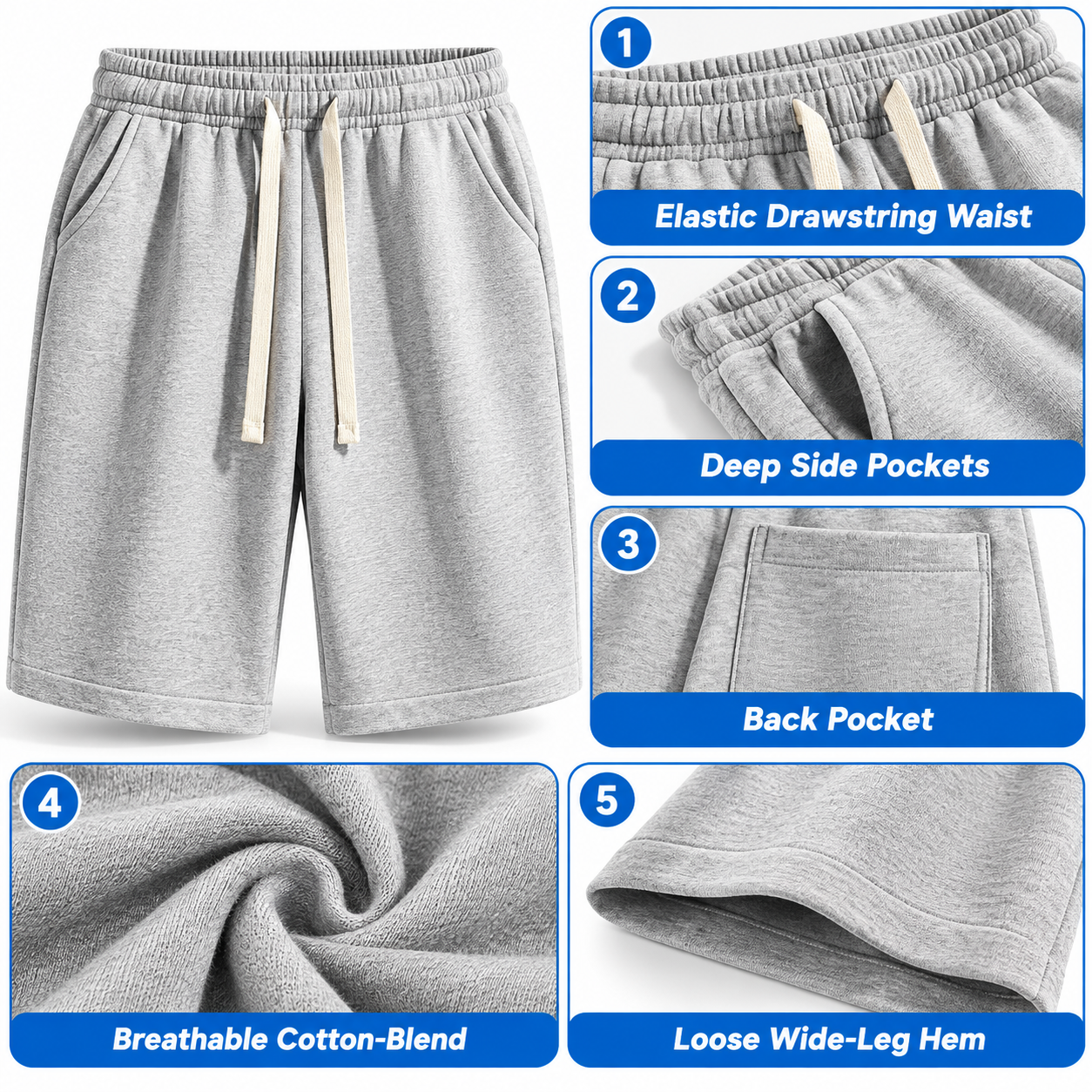 Men's Loose-Fit Casual Shorts – Elastic Drawstring Breathable Everyday Shorts