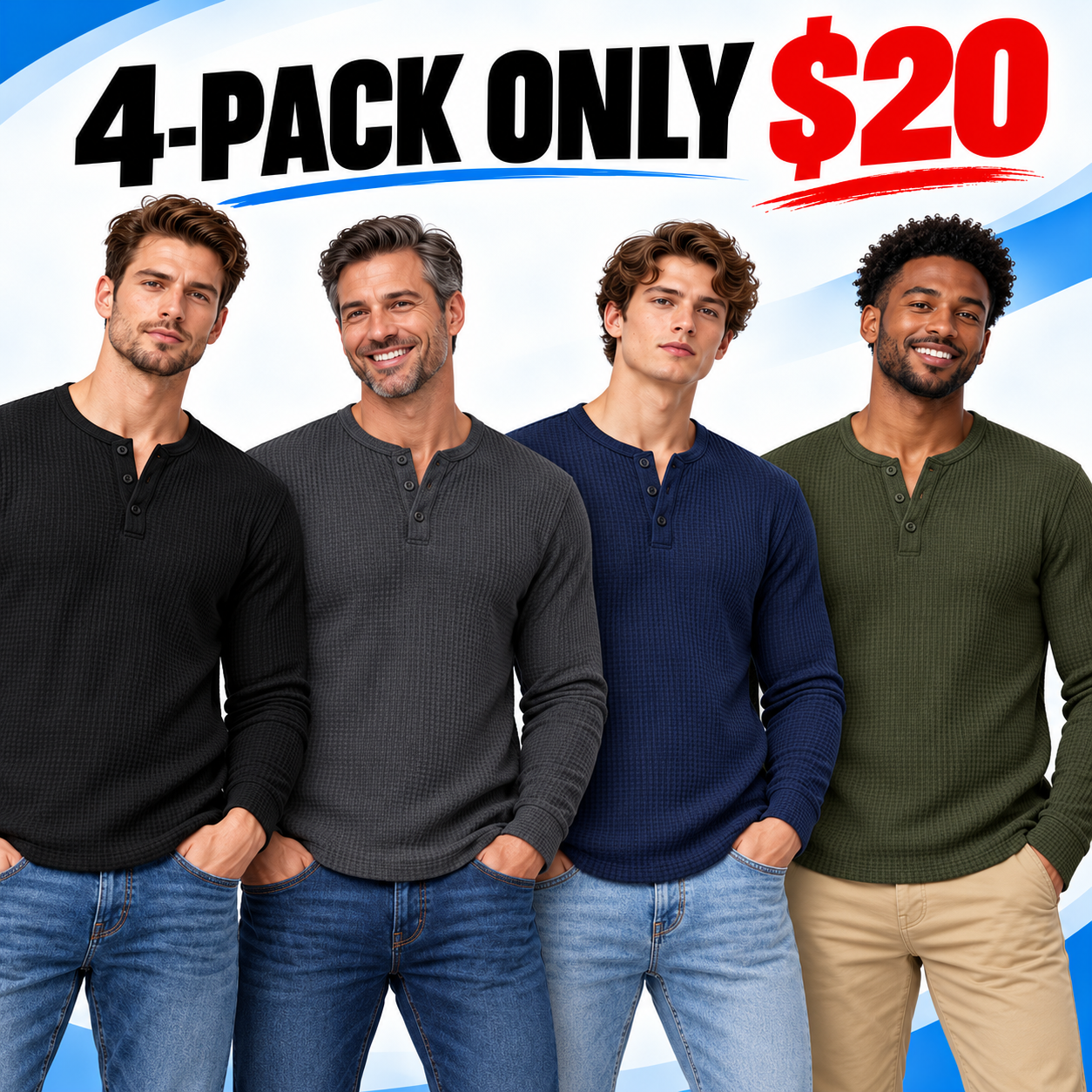 Men's Waffle-Knit Henley Long-Sleeve Shirt – Soft Breathable Casual Everyday Top