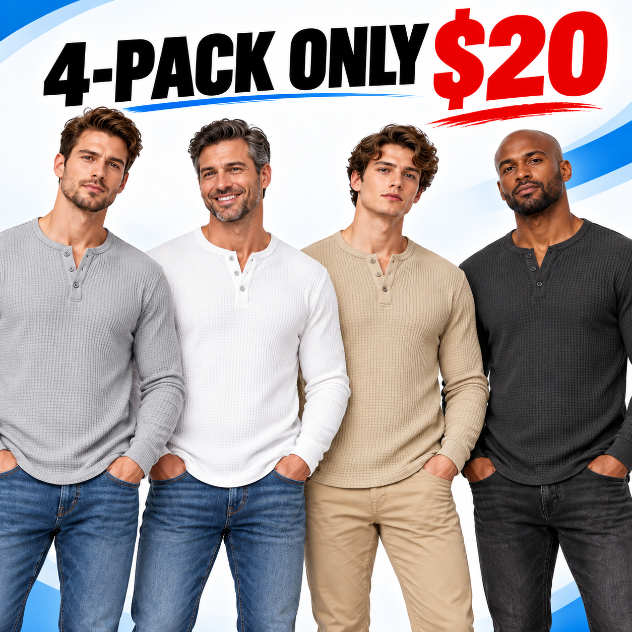 Men's Waffle-Knit Henley Long-Sleeve Shirt – Soft Breathable Casual Everyday Top