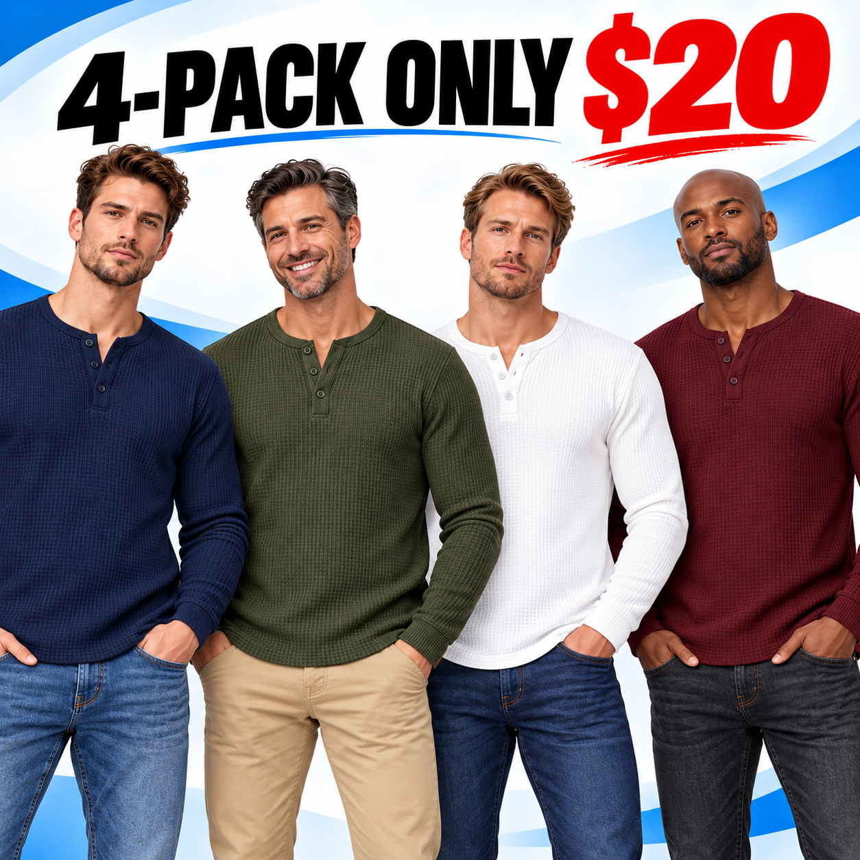 Men's Waffle-Knit Henley Long-Sleeve Shirt – Soft Breathable Casual Everyday Top