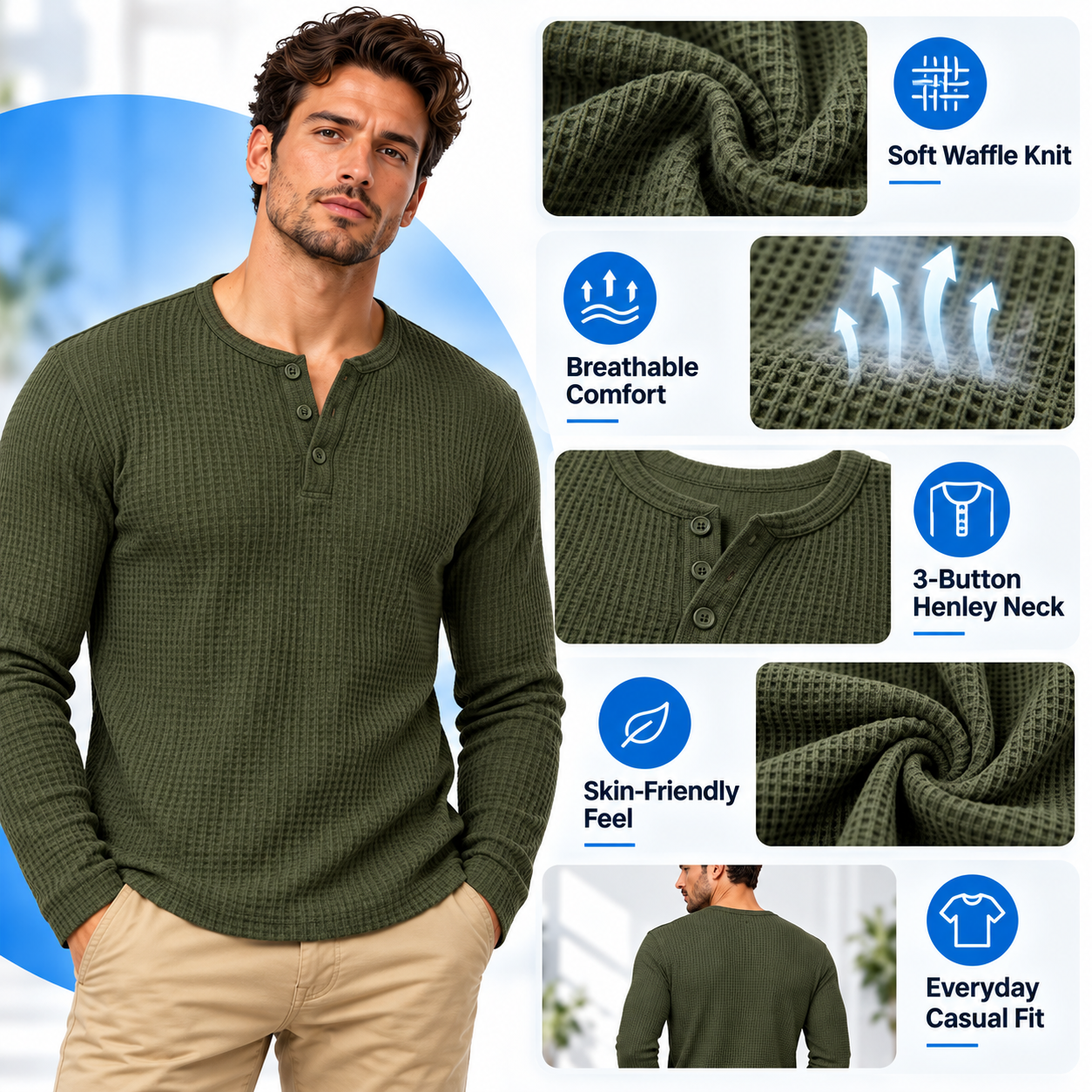 Men's Waffle-Knit Henley Long-Sleeve Shirt – Soft Breathable Casual Everyday Top