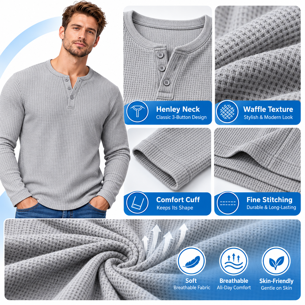 Men's Waffle-Knit Henley Long-Sleeve Shirt – Soft Breathable Casual Everyday Top