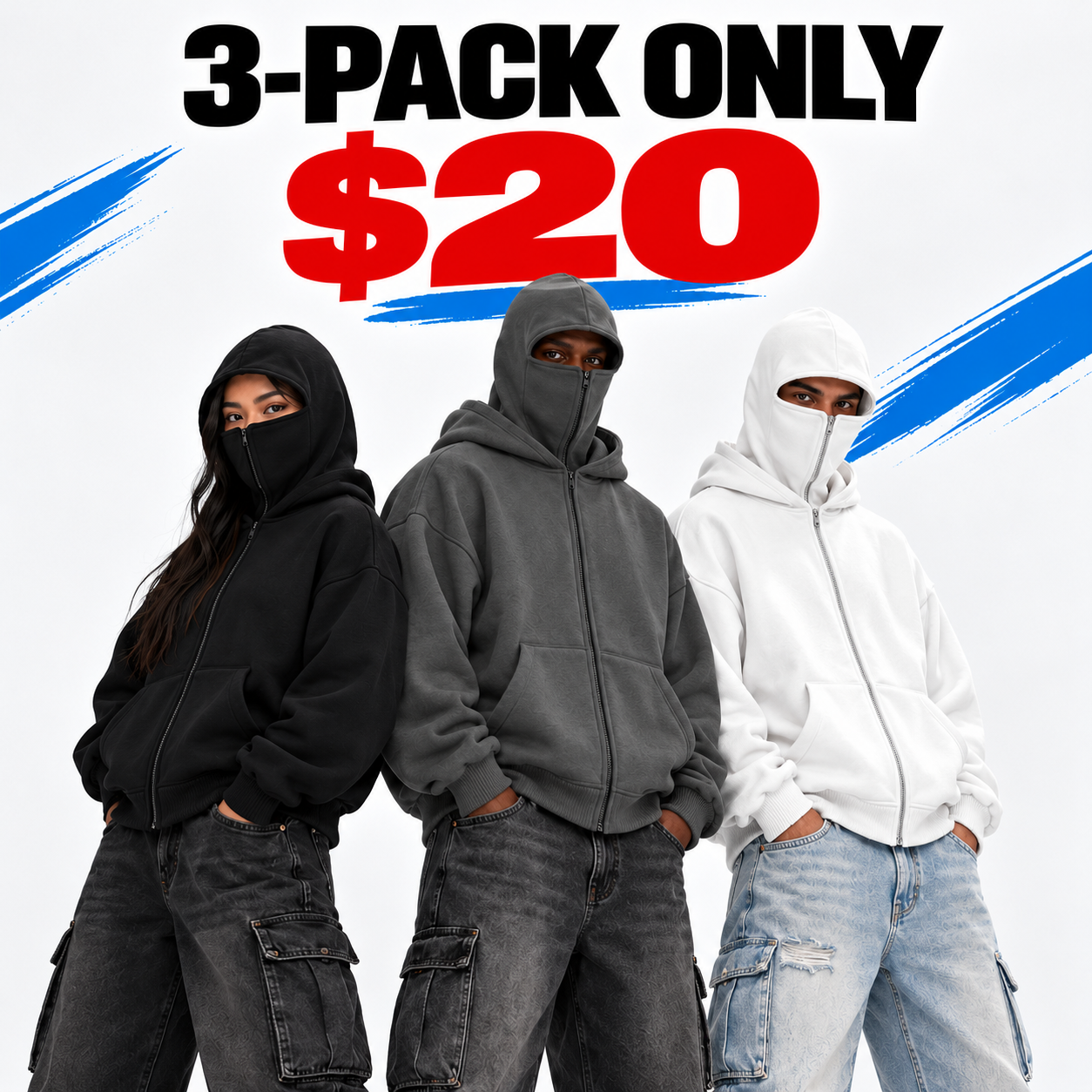 Unisex Double-Hood Full-Zip Hoodie – Built-In Face Cover Oversized Streetwear Jacket