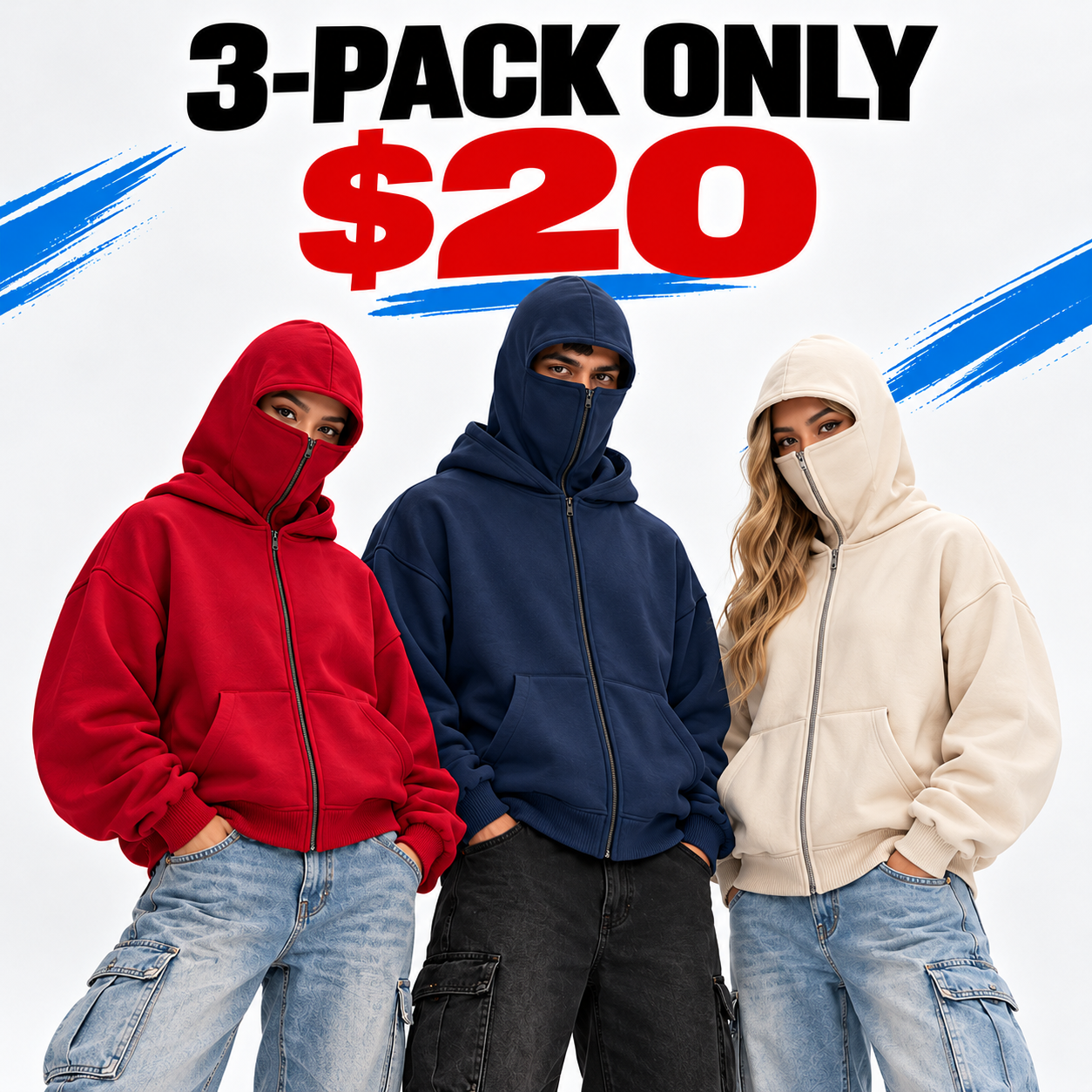Unisex Double-Hood Full-Zip Hoodie – Built-In Face Cover Oversized Streetwear Jacket