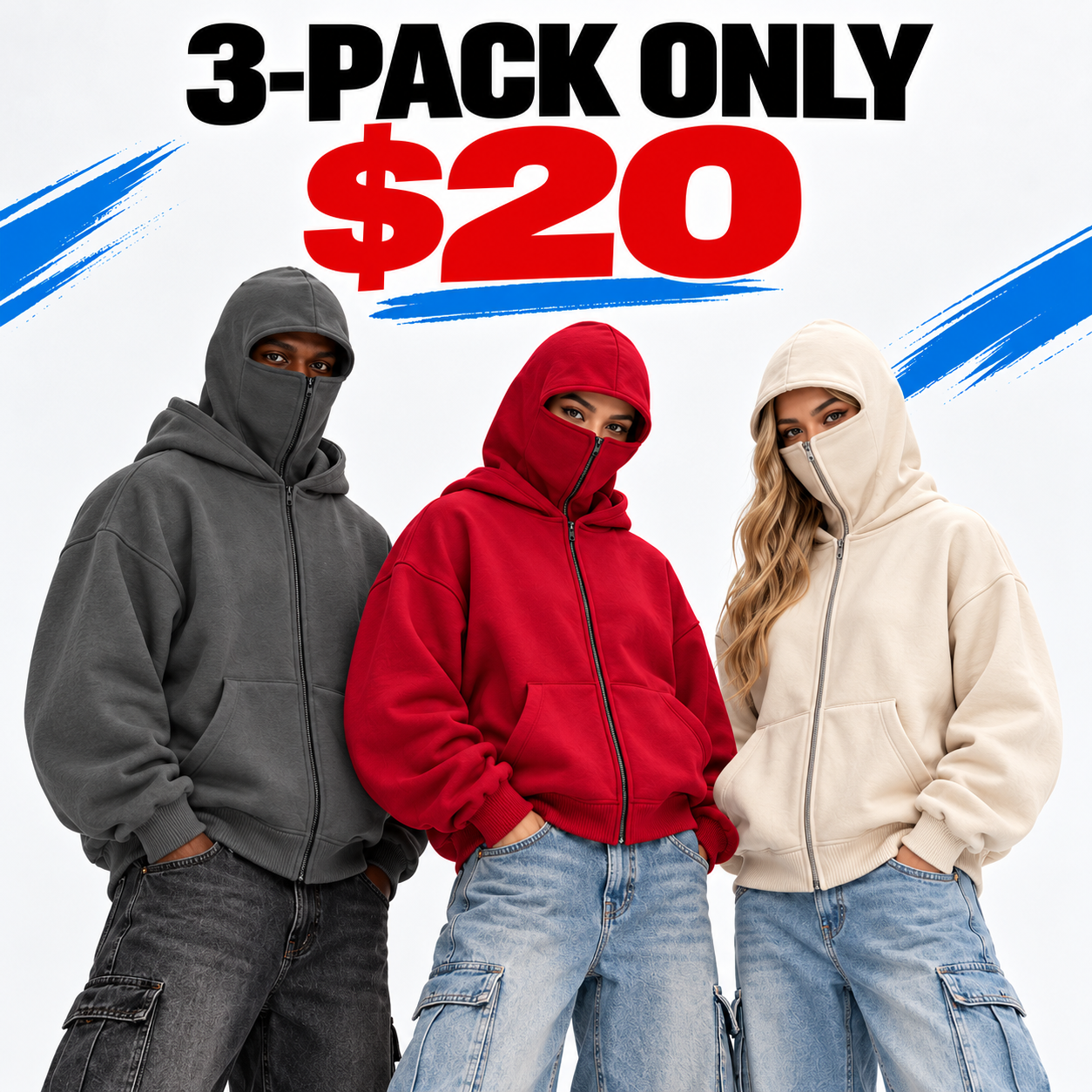 Unisex Double-Hood Full-Zip Hoodie – Built-In Face Cover Oversized Streetwear Jacket
