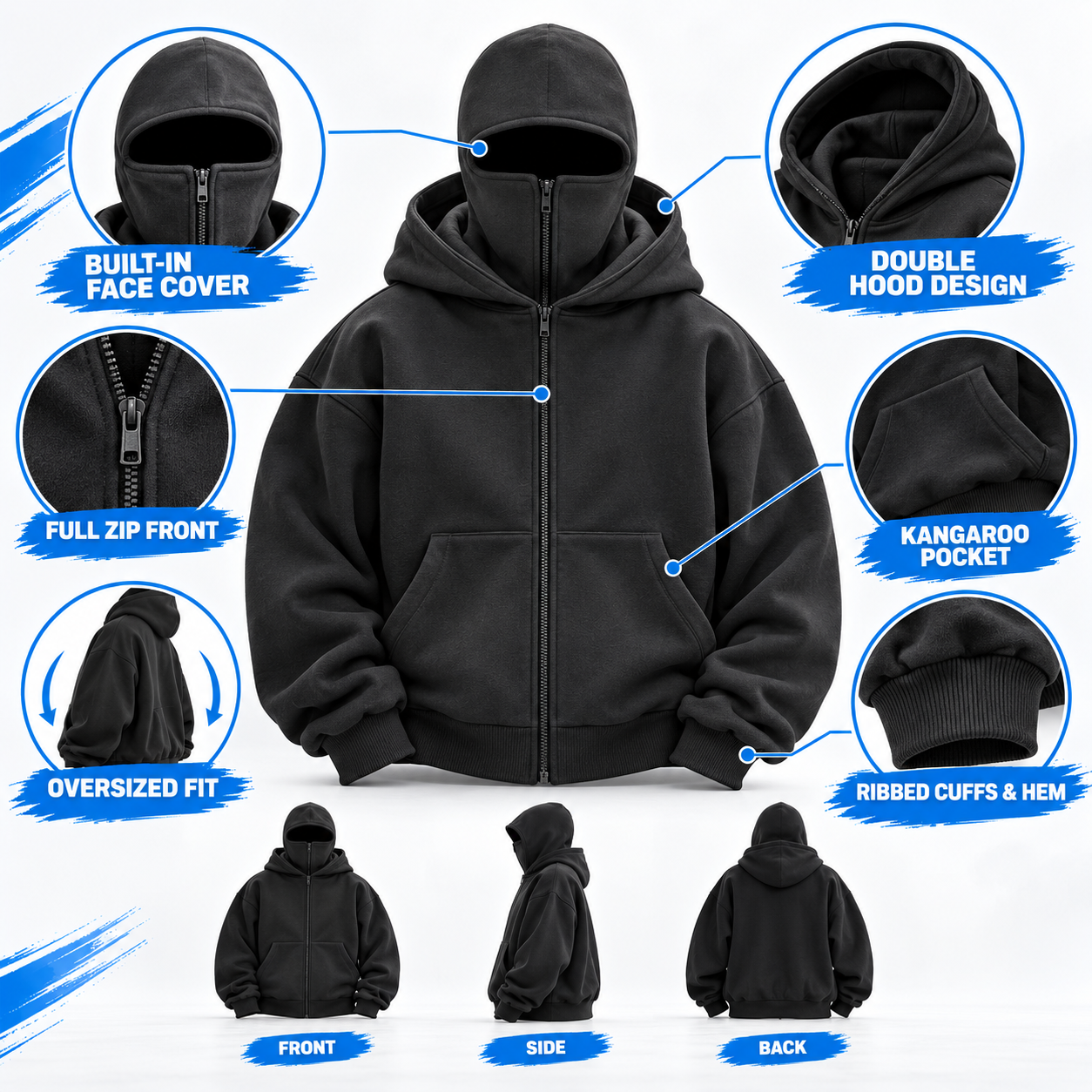 Unisex Double-Hood Full-Zip Hoodie – Built-In Face Cover Oversized Streetwear Jacket