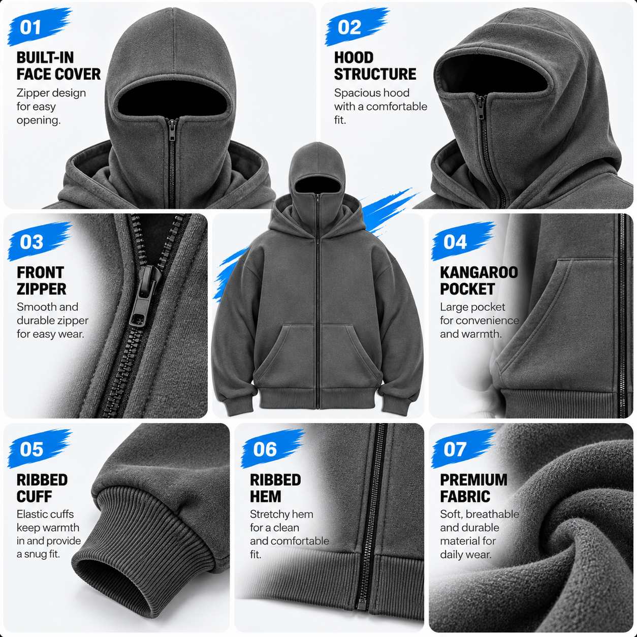 Unisex Double-Hood Full-Zip Hoodie – Built-In Face Cover Oversized Streetwear Jacket