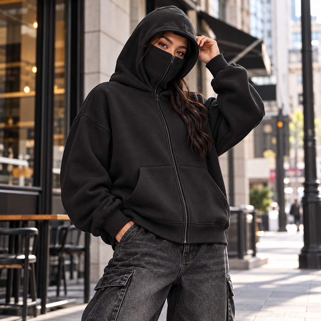 Unisex Double-Hood Full-Zip Hoodie – Built-In Face Cover Oversized Streetwear Jacket