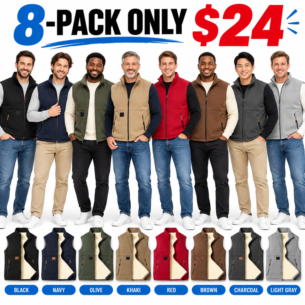 Men's Fleece-Lined Stand-Collar Vest – Warm Zip-Up Sleeveless Jacket with Secure Pockets